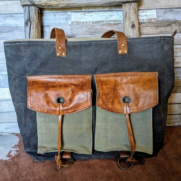 Mona B Upcycled Canvas/Leather Large Handbag - Picture 2 of 16